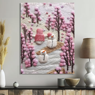 Christmas Snowman In Snowy Winter Pink Tree Embroidery - Coastal Animal Canvas Wall Art